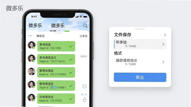 微多乐聊天记录导出功能展示,手机界面显示聊天记录列表,勾选多条对话后点击导出按钮,右侧弹出文件保存格式选项,背景为浅灰商务风格,强调效率与条理性,界面标注微多乐品牌名称,整体明亮清晰。