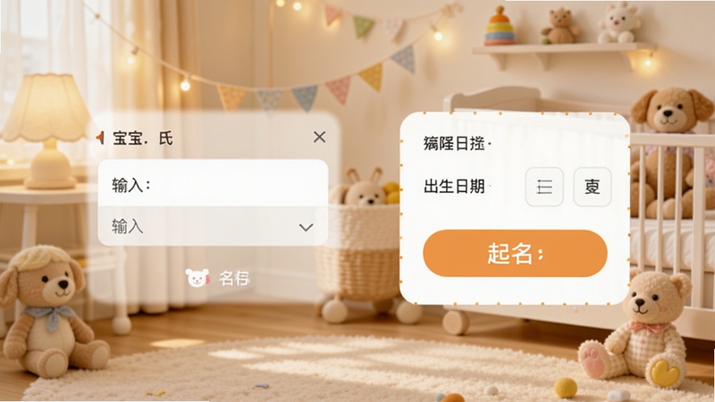 好名堂宝宝起名软件主界面预览图,展示首页功能布局,包含宝宝姓氏输入框、出生日期选择器、起名按钮,背景是温馨的婴儿房,有柔和的灯光和可爱的玩具,整体风格清新明快,突出软件的实用与温暖