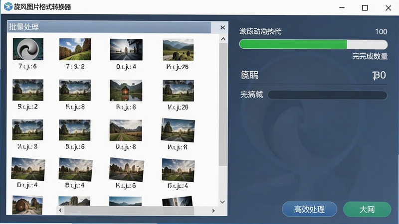 旋风图片格式转换器的批量处理界面截图,左侧列表框中展示了许多待转换的图片文件,右侧显示转换进度条和完成数量统计,界面色彩清爽,按钮布局合理,体现软件高效处理大批量任务的能力。