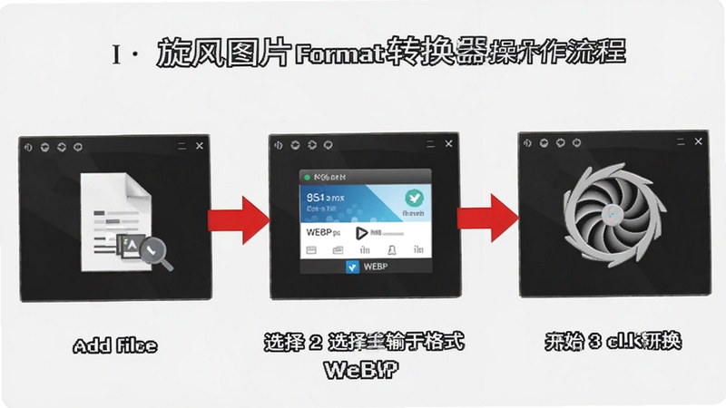 一张展示旋风图片格式转换器操作流程的步骤图,画面分为三个步骤,第一步是添加文件,第二步是选择输出格式为WEBP,第三步是点击开始转换,每个步骤都有清晰的红色箭头指引,背景为浅灰色,整体风格干净整洁。