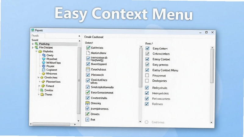 画面中央展示Easy Context Menu软件主界面,界面风格简洁清晰,左侧为功能分类树状列表,右侧为详细的选项勾选区域,背景为柔和的浅蓝色渐变,整体给人专业且易用的视觉感受,软件名称Easy Context Menu以醒目字体显示在界面顶部,画面比例16:9,风格扁平化现代感。