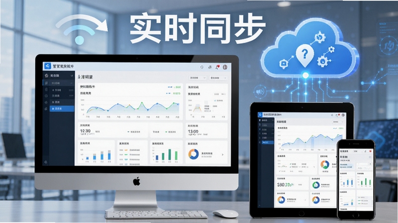 生成一张展示管家婆云进销存软件多设备数据同步的图片,画面中包含电脑、平板和手机同时显示软件数据看板的场景,背景为商务云端图标,突出“实时同步”字样