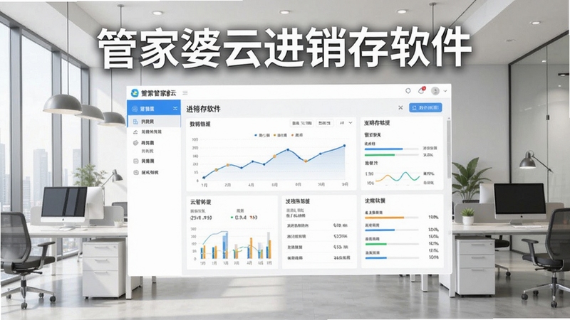 生成一张展示管家婆云进销存软件主界面的预览图,画面中央为软件数据看板,背景为现代办公室环境,风格明亮清晰,突出软件名称“管家婆云进销存软件”