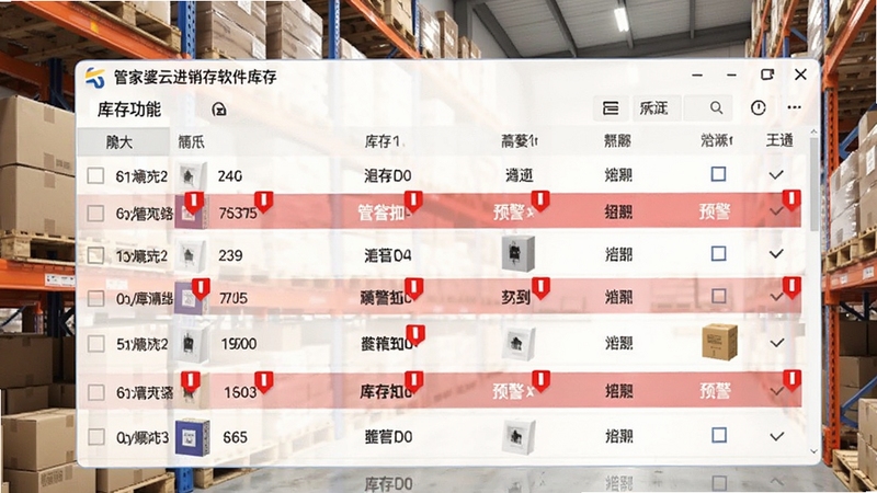 生成一张管家婆云进销存软件库存预警功能示意图,画面显示库存列表,其中部分商品标有红色预警标志,背景为仓库货架,风格写实清晰