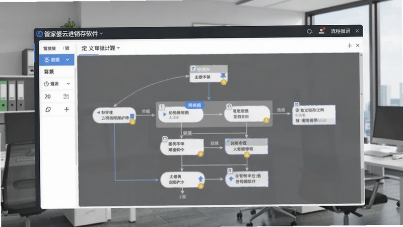 生成一张管家婆云进销存软件自定义审批流程功能的界面截图示例,画面展示流程设计器,包含多个审批节点,背景为办公环境,风格简洁现代