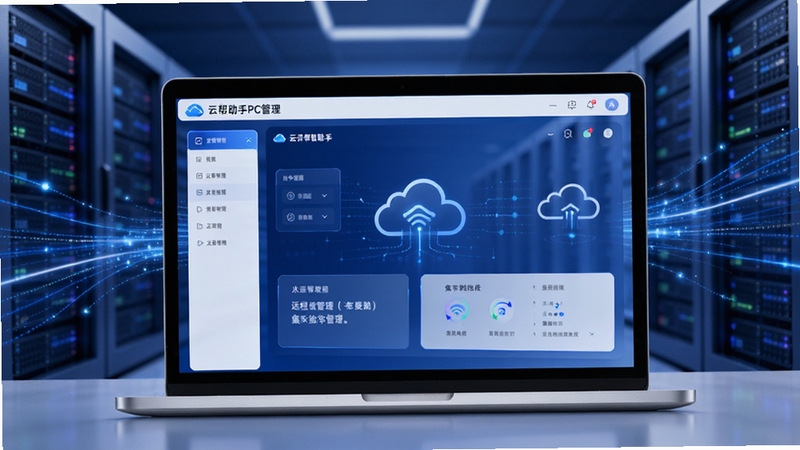 画面主体为云帮手PC管理端在笔记本电脑屏幕上的运行界面,背景是抽象化的云服务器机柜与流动的数据光线,整体风格现代简约,强调远程连接与集中管理的核心场景,构图清晰,色彩以深蓝与白色为主调