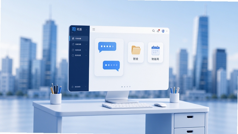 司派办公软件主视觉,画面中心是简洁现代的软件界面悬浮于立体工作台之上,背景为虚化的现代城市天际线,整体色调以科技蓝与纯净白为主,强调高效、连接、智能的氛围,界面元素清晰展示聊天、文件与日程图标,光线柔和通透,构图大气,适合作为软件官网首屏展示图。