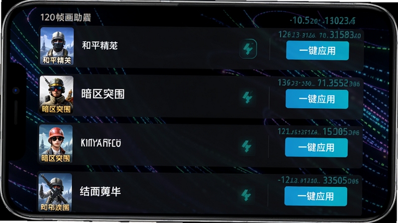 展示120帧画质助手游戏适配列表界面的概念图,手机界面中罗列了《和平精英》、《暗区突围》等热门游戏图标,每个图标右侧有“一键应用”按钮,背景为深色电竞风格,配以动态的数据流线条和帧率数字跳动特效,强调软件广泛适配性与强大的性能释放能力