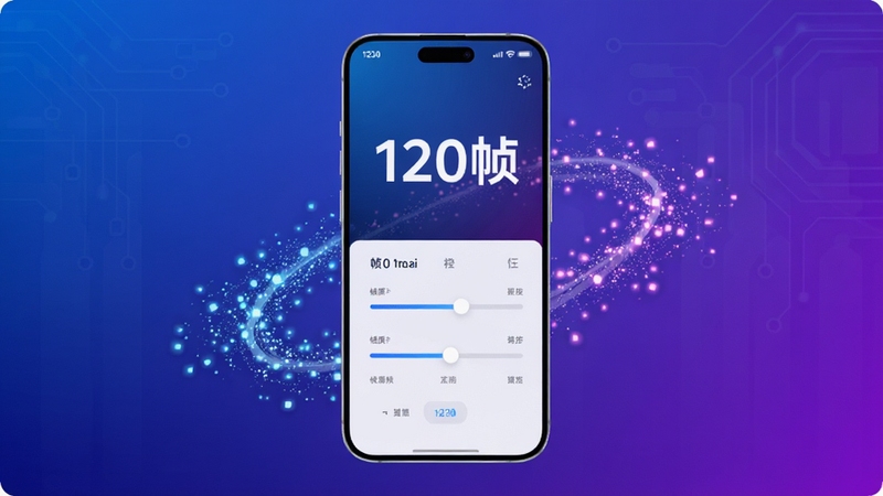 120帧画质助手主界面预览图,手机屏幕展示软件核心的帧率解锁与画质增强功能面板,背景为渐变的科技蓝紫色,画面中心是一台亮屏的智能手机,屏幕内显示“120帧”字样和游戏画质调节滑杆,周围有流畅的粒子光效,整体风格简洁现代,突出高性能与电竞感,竖版构图
