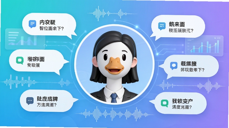鹅来面软件功能演示图,画面中央为虚拟AI面试官头像,四周环绕多种职位面试问题气泡,背景为简洁的科技感渐变底色,辅以数据图表与语音波形元素,突出智能交互与多维度考核特点,风格扁平现代,色调清新,高清渲染