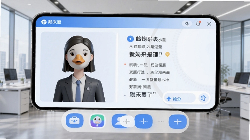 鹅来面应用主界面预览图,展示AI模拟面试场景,界面以蓝色和白色为主色调,左侧为面试官虚拟形象,右侧为实时问答字幕与评分提示,背景为现代简约办公室,前景突出手机屏幕中的软件桌面图标与界面交互元素,整体风格明亮清晰,科技感十足,画面比例为16:9,高清画质