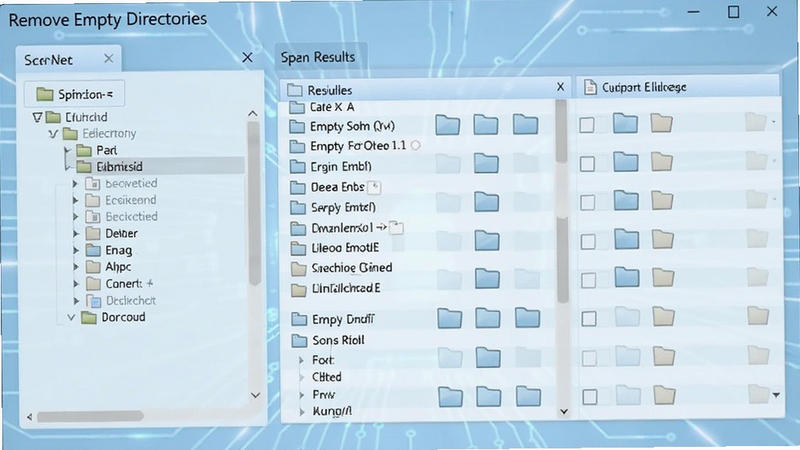 Remove Empty Directories 主界面预览图,展示软件扫描出空文件夹列表,左侧为树状目录结构,右侧为扫描结果,背景为淡蓝色科技感界面,整体风格简洁明亮