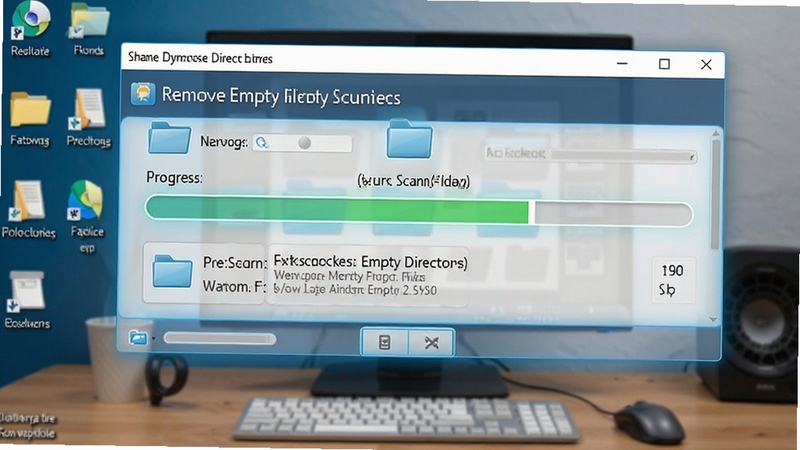 Remove Empty Directories 扫描过程动态示意图,显示进度条与正在扫描的文件夹路径,背景为电脑桌面环境,软件界面高亮显示扫描进度