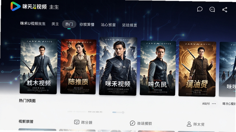 咪咕视频软件主界面预览图,画面中央展示热门影视剧海报墙与导航栏,背景为深色科技感渐变,色彩鲜明,构图清晰,突出软件品牌标识与核心内容板块