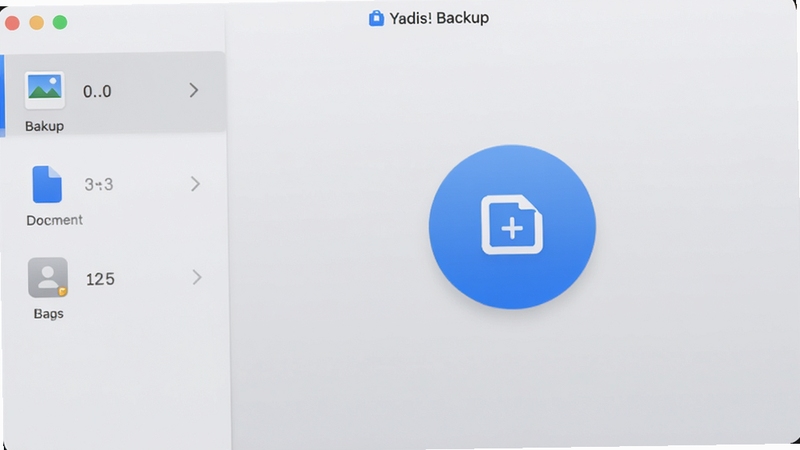 Yadis! Backup 备份软件主界面预览图,画面中央是简洁的蓝色圆形备份按钮,左侧为文件分类列表如照片、文档、联系人图标,背景为柔和的浅灰色渐变,整体风格现代干净,突出安全可靠与易用性,高清渲染,无文字叠加