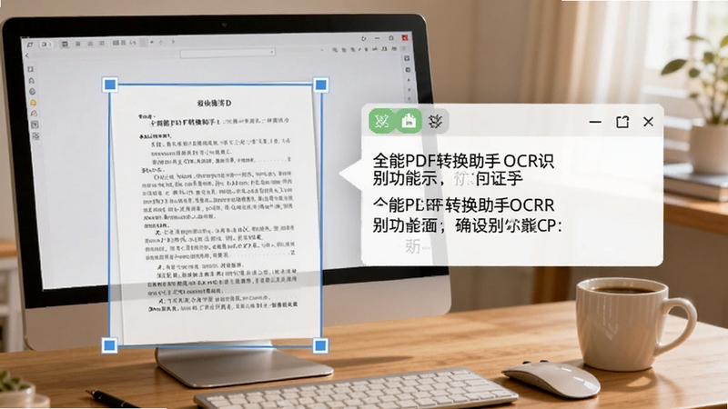 全能PDF转换助手OCR识别功能示意,一张扫描书籍页面被框选,旁边悬浮文字识别结果窗口,背景为工作桌面,有电脑与咖啡杯,画面温馨写实,突出软件在学术办公场景下的实用性。