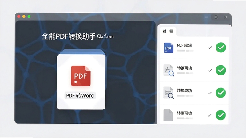 全能PDF转换助手格式转换功能演示图,界面展示PDF转Word的选项卡片,旁边有文件列表及转换成功绿色对勾标记,画面采用扁平化设计风格,背景为淡灰色,突出软件的高效与专业。