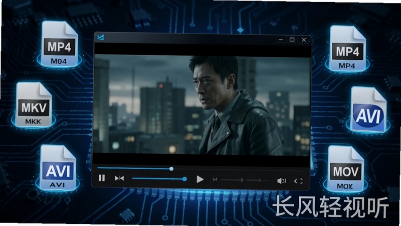 长风轻视听格式解码功能示意图,画面展示一个打开的播放器窗口,中央正在播放高清电影画面,窗口周围悬浮着多种视频格式图标如MP4、MKV、AVI、MOV,图标带有发光边缘,背景为深色科技电路板纹理,软件名称“长风轻视听”以水印形式出现在右下角,整体色调偏冷蓝,突出专业解码能力。