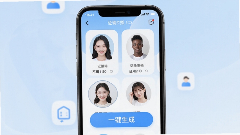 一键生成精美证件照App主界面预览图,手机屏幕内展示多种证件照模板选择,背景为浅蓝色渐变,界面简洁明亮,图标精致,突出“一键生成”按钮,整体风格现代、友好,适合应用商店截图场景。