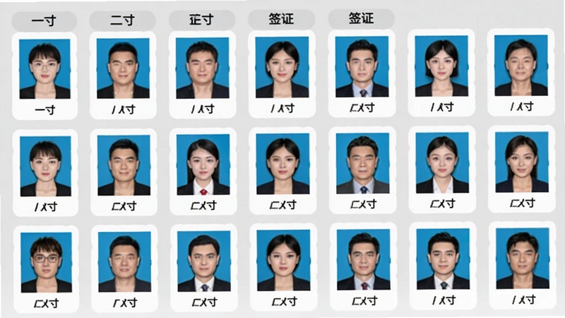 一键生成精美证件照模板库界面预览图,屏幕上以网格形式展示多种证件照尺寸图标,如“一寸”、“二寸”、“签证”等分类标签,背景为浅灰色,每个模板图标下方标注尺寸名称,整体布局规整,便于用户快速查找。