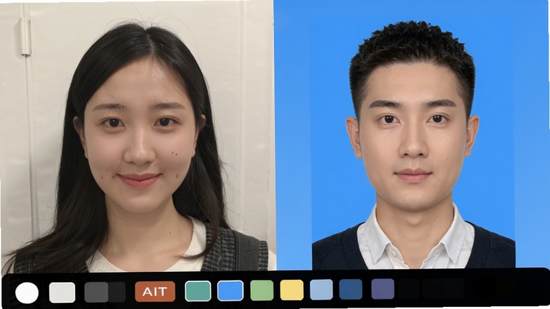 一键生成精美证件照智能抠图功能演示图,左侧为普通生活照,右侧为替换为蓝色背景的证件照,人物边缘平滑,背景纯色均匀,界面下方显示色块选择区域,画面清晰展示AI处理前后的对比效果。