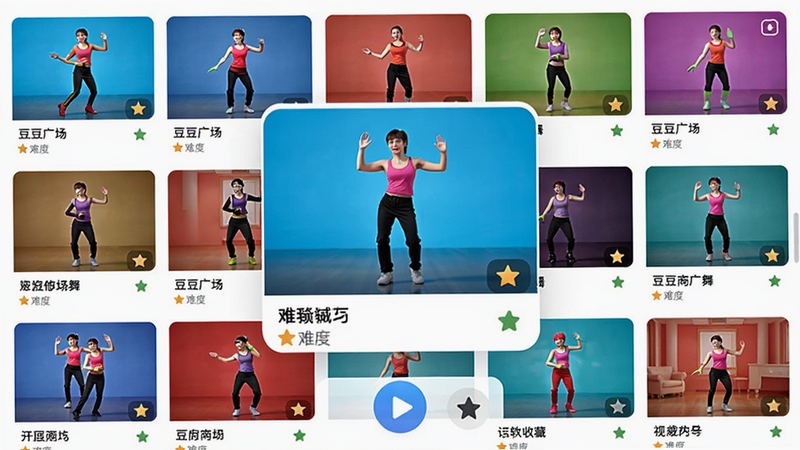 �����㳡�����������ͼ���ͼ��չʾһ���ḻ���赸��Ƶ�б�ҳ�棬��Ļ�����������Ŷ���赸��Ƶ��������ͼ��ÿ�����涼�����赸���ƺ��Ѷȵȼ�������һ�����汻�Ŵ�ͻ����ʾ�������·��в��Ű�ť���ղ�ͼ�꣬����UI��Ƽ��������ɫ�����ޣ�������Դ�ĺ���������ϸ�£�ͼƬ������Ƹ���Ӧ��Ԥ��ͼ��