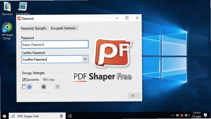 一张展示PDF Shaper Free加密解密功能的操作截图,界面显示密码设置对话框,包含输入密码与确认密码两个输入框,下方有加密强度选择选项,背景为系统桌面环境,整体色调呈专业蓝色系,画面中央有软件名称PDF Shaper Free的标识,风格为清晰的软件操作演示图