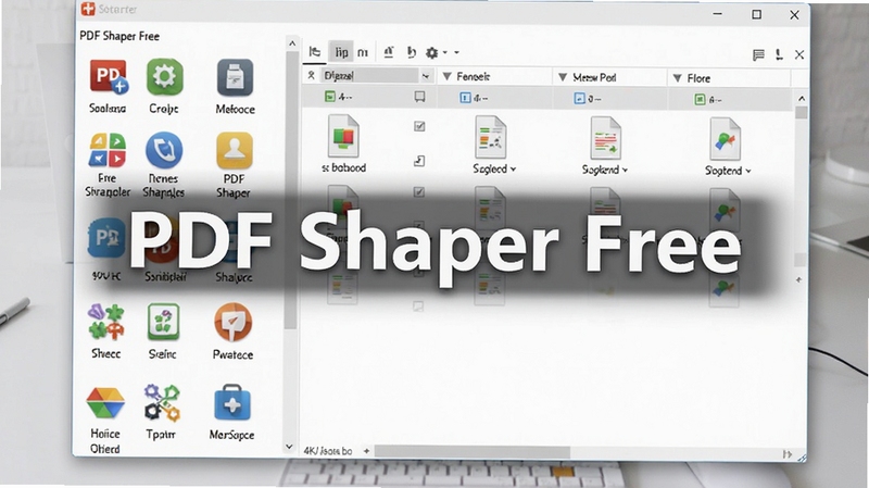 一张展示PDF Shaper Free主界面的高清截图,界面左侧清晰列出所有功能模块图标,右侧显示文件列表预览区,整体风格简洁明亮,背景为干净的浅灰色工作台面,图标色彩鲜明,突出软件功能全面与易用性,画面中央有醒目的软件名称PDF Shaper Free字样,采用专业软件预览图风格,4K分辨率,细节丰富