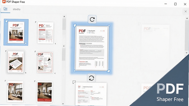 一张展示PDF Shaper Free页面管理功能的界面,界面展示PDF页面缩略图列表,其中一张页面被高亮选中并显示旋转箭头操作,背景为浅色工作区,画面风格清爽专业,突出软件对页面处理的精细控制能力,图片角落标注有软件名称PDF Shaper Free的标识,采用软件功能展示风格