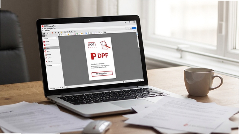 一张展示PDF Shaper Free处理PDF文档的日常使用场景图,画面中一台笔记本电脑显示软件界面,旁边放有纸质文件与咖啡杯,桌面整洁,光线明亮柔和,整体氛围轻松高效,突出软件在办公中的实用性,画面中隐约可见软件名称PDF Shaper Free的窗口标题,采用生活化场景摄影风格