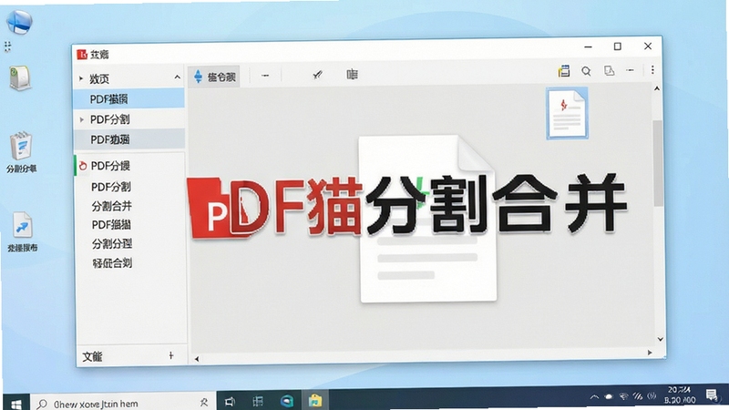 一张简洁的电脑桌面截图,屏幕上显示PDF猫分割合并软件主界面,左侧为功能列表,右侧为文件预览区域,整体风格清爽,突出软件名称“PDF猫分割合并”Logo,背景为柔和的浅蓝色渐变,符合办公软件场景。