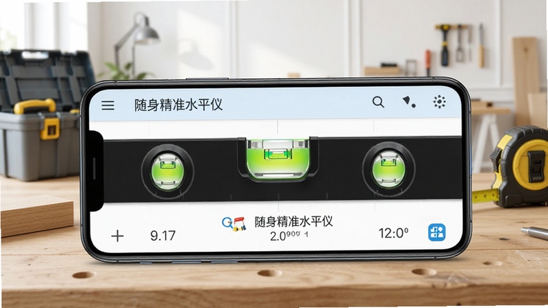 Boogu生图:一款名为随身精准水平仪的安卓手机应用界面,手机横屏放置在木工桌面上,屏幕显示水平气泡与角度数值,背景是简洁明亮的室内装修场景,工具箱与卷尺隐约可见,整体风格写实清晰,突出测量功能与实用性,画面主体为手机屏幕特写,光线充足,细节丰富