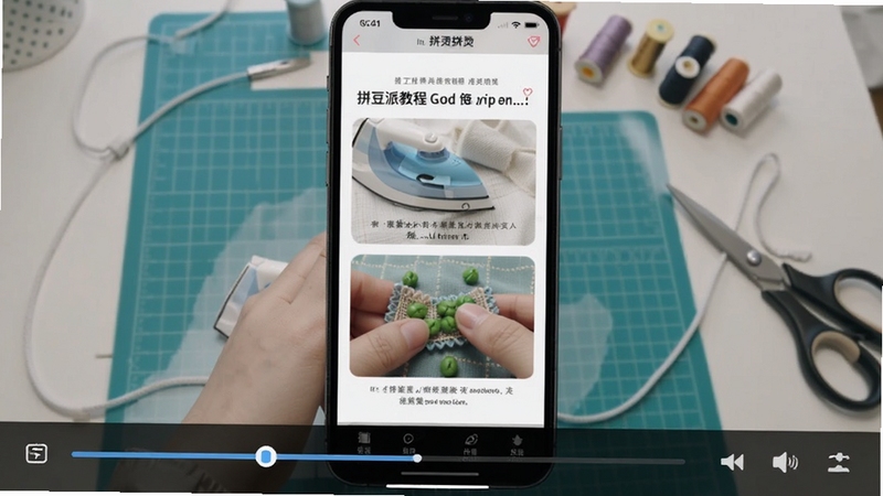 拼豆派教程页面截图,展示熨烫拼豆的步骤说明,配有实拍图解,手机界面下方有进度条,背景为整洁的工作台,强调教学的实用性与清晰度。
