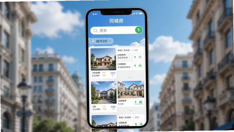 同城找房直租房软件主界面预览图,手机竖屏展示,画面中央显示房源列表,上方为搜索栏和城市定位,背景为模糊的城市建筑与蓝天白云,整体色调清新自然,突出找房功能,软件名称显示在屏幕顶部