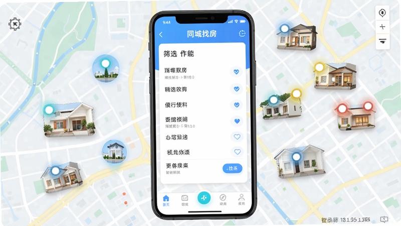 同城找房直租房软件的智能筛选功能演示图,手机屏幕显示筛选条件面板,背景为城市地图与房源分布点,色彩明快,界面风格简洁,软件名称在屏幕底部导航栏可见,凸显科技感与便利性