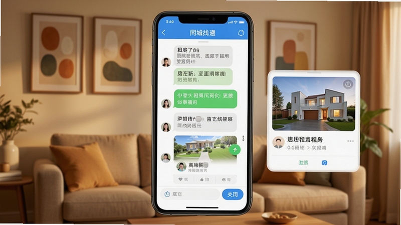 同城找房直租房APP的房东与租客在线聊天界面截图,显示对话框和房源卡片,背景为暖色调室内客厅,墙上挂有装饰画,软件界面悬浮于画面中央,突出直连沟通的核心功能,画风写实清晰