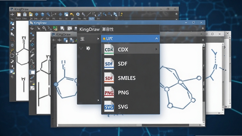 KingDraw文件兼容性示意图,画面中央为软件文件导出菜单,下拉列表中显示CDX、SDF、SMILES、PNG、SVG等多种格式图标,背景为不同化学绘图软件窗口的层叠效果,突出互通性,整体色调为科技蓝与灰色,界面清晰,现代感强,高清软件界面截图风格