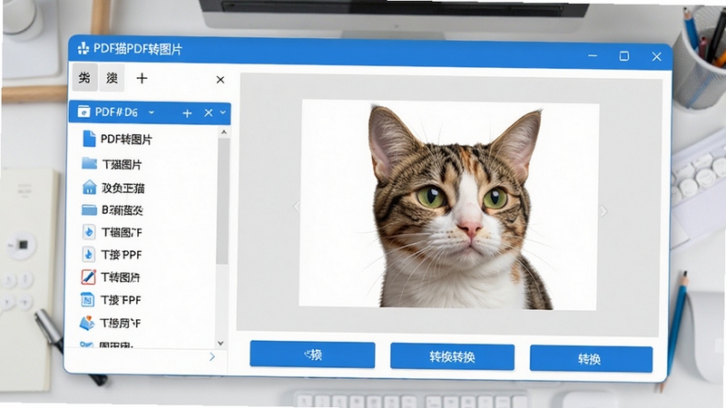 一张展示PDF猫PDF转图片软件主界面的高清截图,软件名称为“PDF猫PDF转图片”,界面包含左侧文件列表、右侧预览窗口以及底部转换按钮,整体设计简洁现代,蓝白配色,背景为浅灰色工作台,图片比例16:9,画质清晰,适合作为软件介绍首图。