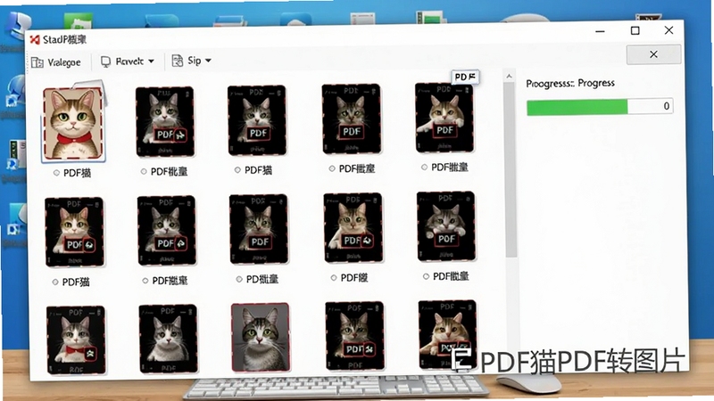 展示PDF猫PDF转图片批量处理多份PDF文件的界面,软件窗口内排列着多个PDF文件缩略图,右侧显示转换进度条,背景为电脑桌面,画面明亮,突出高效批量处理能力,图片带有软件名称水印。