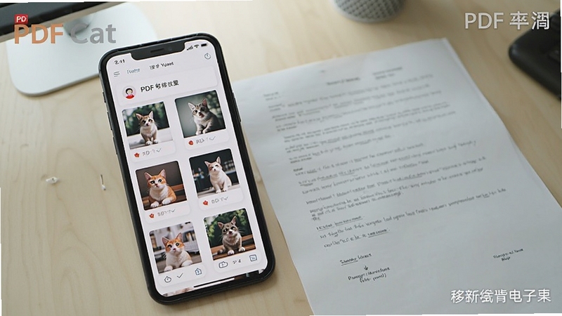 一张展示PDF猫PDF转图片在手机端运行的照片,手机屏幕中显示转换完成列表,每张图片缩略图清晰,手机旁边放着一张纸质文档,暗示纸质文件电子化,背景为办公桌面,整体光线自然,突出移动办公场景,图片带软件名称水印。