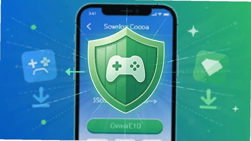动漫换装秀安全下载提示示意图,画面中央有一个绿色的安全盾牌图标,盾牌上带有游戏图标,背景是手机下载界面的抽象表现,整体色调为蓝色和绿色,传达出安全可靠的感觉