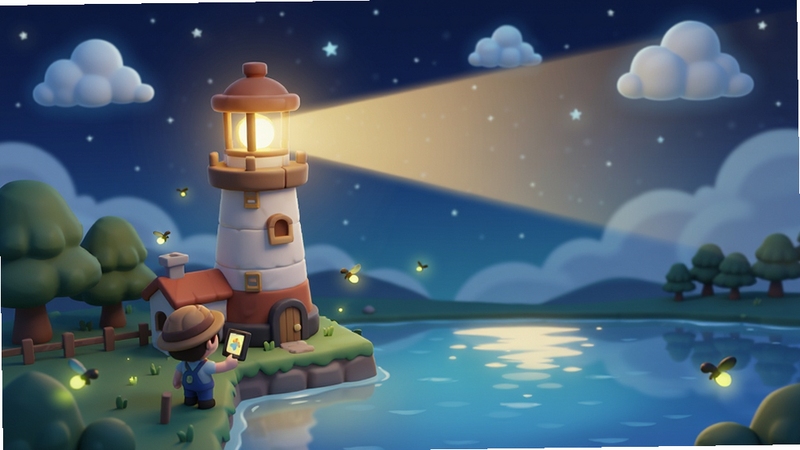 袖珍建造师游戏内夜晚场景,星空下玩家建造的灯塔发出温暖光芒,周围有萤火虫飞舞,湖面倒映灯光,展示天气与光影效果,画面唯美梦幻