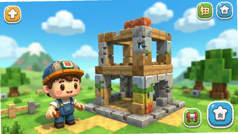 袖珍建造师游戏主界面预览图,展示迷你方块世界、蓝天白云背景、远处有山丘与树木,近处有玩家角色站在未完成的建筑前,UI简洁明亮,整体画风Q萌卡通,色彩鲜艳活泼