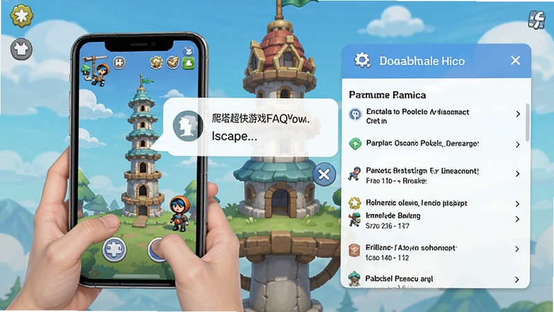 我爬塔超快游戏FAQ帮助界面示意图,画面中一位玩家正在手机上操作游戏,旁边弹出客服对话框和常见问题列表,背景为游戏内的塔楼场景,画面清晰明亮,卡通风格
