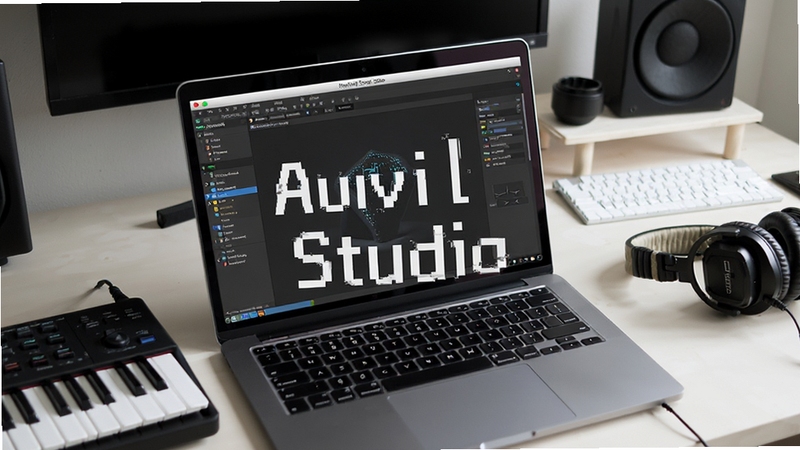 Anvil Studio 软件运行在笔记本电脑上,周围有MIDI键盘和耳机,背景是整洁的工作台,画面风格写实,突出软件名称Anvil Studio,体现轻量便捷