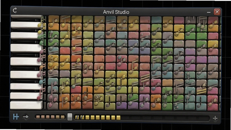 Anvil Studio 钢琴卷帘窗口特写,彩色音符块密集排列,左侧键盘,底部力度条,背景为暗色网格,突出软件名称Anvil Studio,风格专业细致