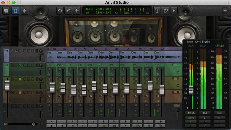 Anvil Studio 混音器界面,多个音轨滑块与电平表,背景是录音室监听音箱,风格明亮,显示软件名称Anvil Studio,体现专业音频处理