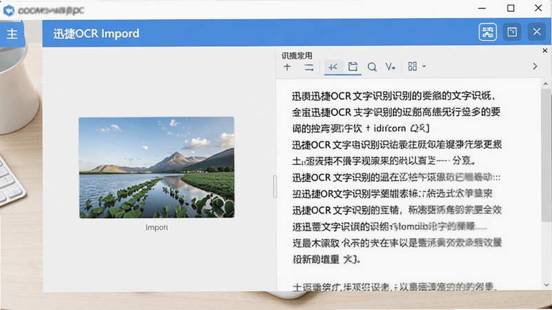 一张展示迅捷OCR文字识别软件主界面的高清截图,界面简洁明亮,左侧为图片导入区域,右侧显示识别后的文本结果,背景为干净的浅色工作台,突出软件高效专业的办公氛围。