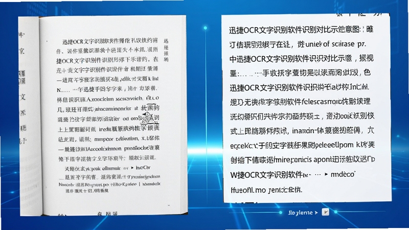 迅捷OCR文字识别软件识别对比示意图,左侧为包含多行中文和英文的书籍扫描图片,右侧显示提取出的纯文本段落,文字清晰无错漏,背景采用科技蓝渐变色调,体现AI识别的高效与精准。