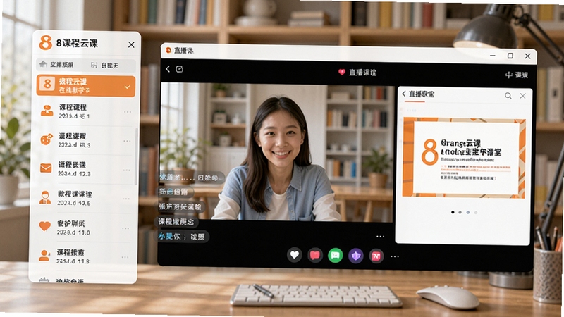 8橙云课在线教学软件主界面预览图,画面左侧为课程列表与导航栏,右侧为正在进行的直播课堂窗口,包含高清视频画面、互动聊天栏与课件展示区,整体色调清新明亮,界面布局简洁现代,背景为虚化的书房环境,突出软件的教学功能与易用性,整体风格写实,细节丰富。